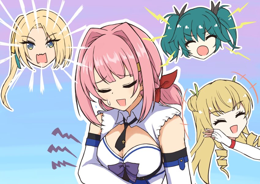 +++ 4girls :d :o ^_^ aqua_hair aquas_desuyo arm_at_side assault_lily black_necktie black_ribbon blonde_hair blue_background blue_eyes blunt_bangs bow braid breasts cleavage closed_eyes collared_shirt commentary_request double_bun drill_hair drill_sidelocks elbow_gloves fingerless_gloves frilled_shirt frills gloves gradient_background green_ribbon hair_between_eyes hair_bun hair_intakes hair_ribbon hand_to_own_mouth hand_up head_only high_ponytail highres laughing lightning_bolt_symbol long_hair looking_at_viewer low_ponytail maruyama_amane medium_breasts medium_hair mole mole_on_neck multiple_girls necktie odaiba_girls_high_school_uniform open_mouth otake_sunao parted_bangs pink_hair ponytail purple_background purple_bow raised_eyebrows rectangular_mouth red_ribbon ribbon saigou_kurena school_uniform shirt short_hair short_necktie short_ponytail side_ponytail sidelocks smile suzuki_chinami sweatdrop twin_drills twintails upper_body v-shaped_eyebrows wavy_mouth white_gloves