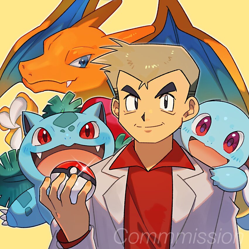 1boy blue_eyes brown_hair charizard closed_mouth coat commission fangs gen_1_pokemon highres holding holding_poke_ball ivysaur lab_coat male_focus nintendo open_mouth poke_ball poke_ball_(basic) pokemon pokemon_(creature) pokemon_rgby red_eyes red_shirt professor_oak shirt short_hair smile squirtle thick_eyebrows v-shaped_eyebrows white_coat yasaikakiage yellow_background