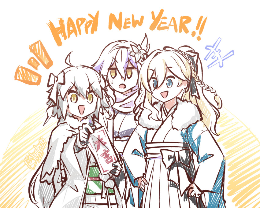 3girls crossover durandal_(honkai_impact) durandal_(reign_solaris)_(honkai_impact) fate/grand_order fate_(series) hair_between_eyes hand_on_own_hip happy_new_year highres holding honkai_(series) honkai_impact_3rd japanese_clothes jeanne_d&#039;arc_alter_santa_lily_(fate) kimono long_hair long_sleeves looking_at_another looking_at_viewer mhunter_45 multiple_girls new_year open_mouth sirin sketch smile standing wide_sleeves