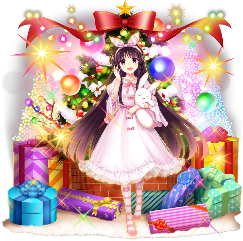 1girl :3 alternate_costume bow box branch brown_eyes brown_hair christmas christmas_ornaments christmas_tree dress full_body game_cg gift gift_box hairband highres houraisan_kaguya houraisan_kaguya_(hourai_ornament) jeweled_branch_of_hourai kneehighs long_hair long_sleeves looking_at_viewer official_art open_mouth pink_bow pink_dress pink_hairband pink_socks red_bow rotte_(1109) smile socks solo standing star_(symbol) striped_clothes striped_socks third-party_source touhou touhou_lostword transparent_background very_long_hair wide_sleeves