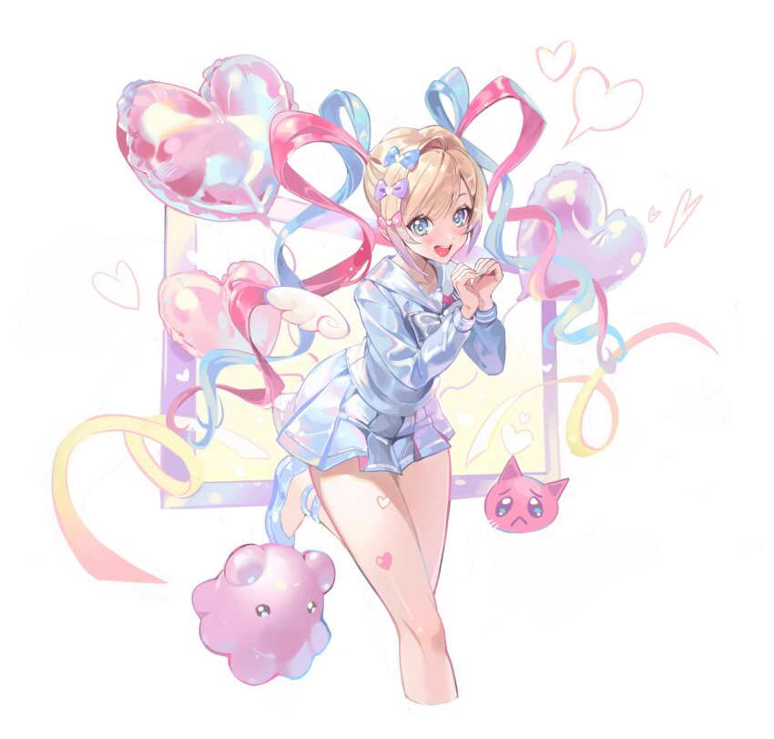 1girl balloon blue_eyes chouzetsusaikawa_tenshi-chan coloringday heart heart_balloon heart_hands highres needy_girl_overdose school_uniform serafuku