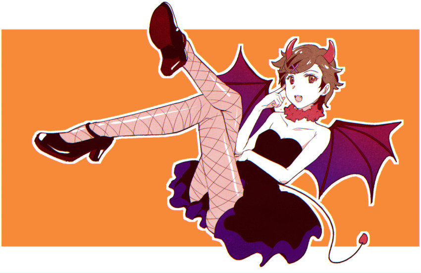 1girl black_dress black_footwear brown_hair classicaloid collarbone convenient_skirt crossed_legs demon_girl demon_horns demon_tail demon_wings dress eyelashes fishnet_pantyhose fishnets hair_ornament hairclip horns kusano_gurima letterboxed looking_at_viewer open_mouth otowa_kanae pantyhose short_hair solo tail wings