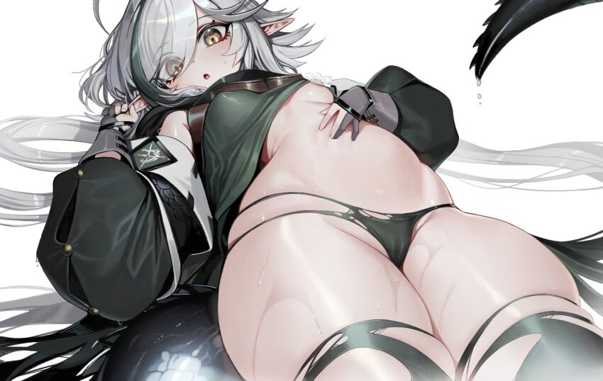 1girl :o ahoge arknights bikini bikini_bottom_only black_hair black_jacket black_thighhighs blush breasts clothes_lift cowboy_shot crocodilian_tail eyes_visible_through_hair gloves goggles goggles_around_neck green_shirt grey_gloves grey_hair hair_over_one_eye hair_spread_out highres jacket korean_commentary long_hair looking_at_viewer lying medium_breasts multi-strapped_bikini_bottom multicolored_hair ness_(pjw0168) no_bra off_shoulder on_back open_clothes open_jacket parted_lips partially_fingerless_gloves pointy_ears shirt shirt_lift simple_background skindentation solo streaked_hair sweat swept_bangs swimsuit tail thick_thighs thighhighs thighs tomimi_(arknights) torn_bikini torn_clothes torn_thighhighs two-tone_hair very_long_hair white_background yellow_eyes
