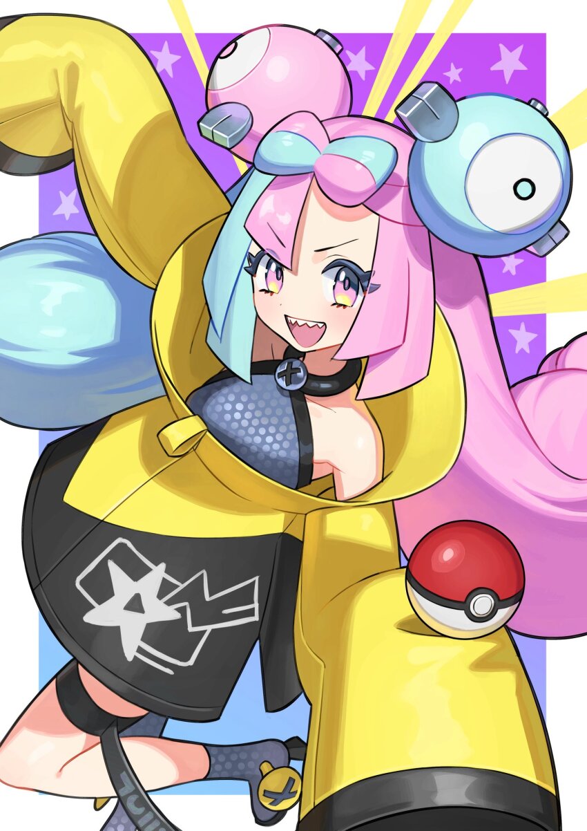 boots bow-shaped_hair character_hair_ornament fake_hair_bun grey_boots grey_pantyhose hair_ornament hexagon_print highres iono_(pokemon) jacket kizaminori multicolored_hair nintendo oversized_clothes pantyhose pokemon pokemon_sv sharp_teeth single_leg_pantyhose sleeves_past_fingers sleeves_past_wrists split-color_hair teeth two-tone_hair very_long_sleeves x yellow_jacket