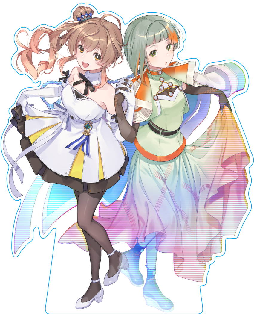 2girls belt black_belt black_dress black_gloves black_pantyhose black_ribbon black_shoes blue_skirt breasts brown_eyes brown_hair cevio cherico chis-a coat coat_on_shoulders colored_skin commentary_request dress elbow_gloves flat_chest gloves green_shirt grey_hair hair_bun high_heels highres holding_hands interlocked_fingers layered_dress leg_up long_hair long_sleeves medium_breasts multicolored_hair multicolored_skin multiple_girls neck_ribbon official_alternate_costume official_art open_mouth orange_hair orange_skirt pantyhose pink_skirt ribbon satou_sasara second-party_source shirt shoes side_ponytail simple_background single_hair_bun skirt skirt_hold standing standing_on_one_leg strapless strapless_dress streaked_hair teeth two-tone_hair upper_teeth_only voisona white_background white_dress white_gloves white_shirt white_shoes