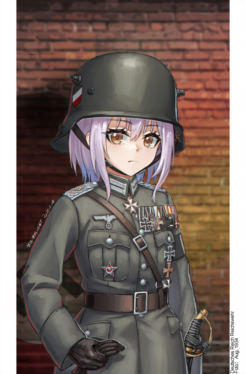 1girl absurdres artist_name belt bilingual_commentary black_gloves closed_mouth combat_helmet cowboy_shot cross dated girls&#039;_frontline gloves green_jacket hair_between_eyes helmet highres holding holding_gloves holding_unworn_clothes huihuang_rongyao iron_cross jacket long_sleeves looking_at_viewer medium_hair military_uniform mixed-language_commentary nazi nazi_flag p08_(girls&#039;_frontline) reichsadler solo sword unworn_gloves weapon wehrmacht white_hair yellow_eyes