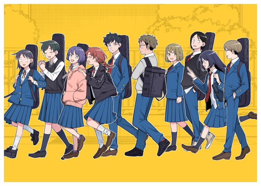 4boys 6+girls :d ^_^ backpack bag black_hair black_jacket black_shoes black_socks black_sweater black_sweater_vest blazer blue_jacket blue_pants blue_skirt blush bob_cut braid brown_hair brown_shoes closed_eyes collared_shirt commentary_request converse denai_tetsuo dress_shirt fence fujii_ayame full_body futsuu_no_keion-bu glasses grey_sweater hair_behind_ear hair_ornament hairpin hand_on_another&#039;s_shoulder hands_in_pockets hatono_chihiro heartbreak_(futsuu_no_keion-bu) highres holding_strap hood hood_down hoodie instrument_case_on_back instrument_on_back interlocked_fingers jacket kameya_san kouyama_rin loafers long_hair long_sleeves looking_at_another mizuo_haruichi mole mole_under_eye multiple_boys multiple_girls neck_ribbon necktie nitta_tamaki official_art open_clothes open_jacket open_mouth outdoors outline own_hands_clasped own_hands_together pants parted_bangs pink_hoodie pixie_cut pleated_skirt protocol._(futsuu_no_keion-bu) purple_eyes purple_hair purple_socks red_necktie red_ribbon red_socks ribbed_socks ribbon running sanpaku school_bag school_uniform shirt shoes short_hair shoulder_bag side_ahoge skirt small_sweatdrop smile sneakers socks sparkle standing standing_on_one_leg sweater sweater_vest taguchi_ryuuya takami_kouki tohno_gen u_u uchida_momo very_short_hair walking white_outline white_shirt white_socks wolf_cut yellow_background