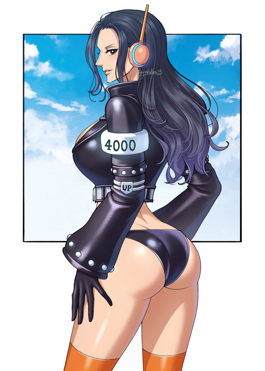 1girl arm_rest armlet artist_name ass bell_sleeves bikini black_bikini black_border black_gloves black_jacket blue_sky border cloud cloudy_sky crop_top ear_covers egghead_island from_side gloves highres jacket jewelry long_hair long_sleeves looking_at_viewer looking_to_the_side midriff nico_robin nico_robin_(egghead) one_piece orange_thighhighs outside_border parted_lips profile revealing_clothes sideways_glance sideways_mouth signature sky solo standing studded studded_sleeves swimsuit thighhighs youkan_(tako)