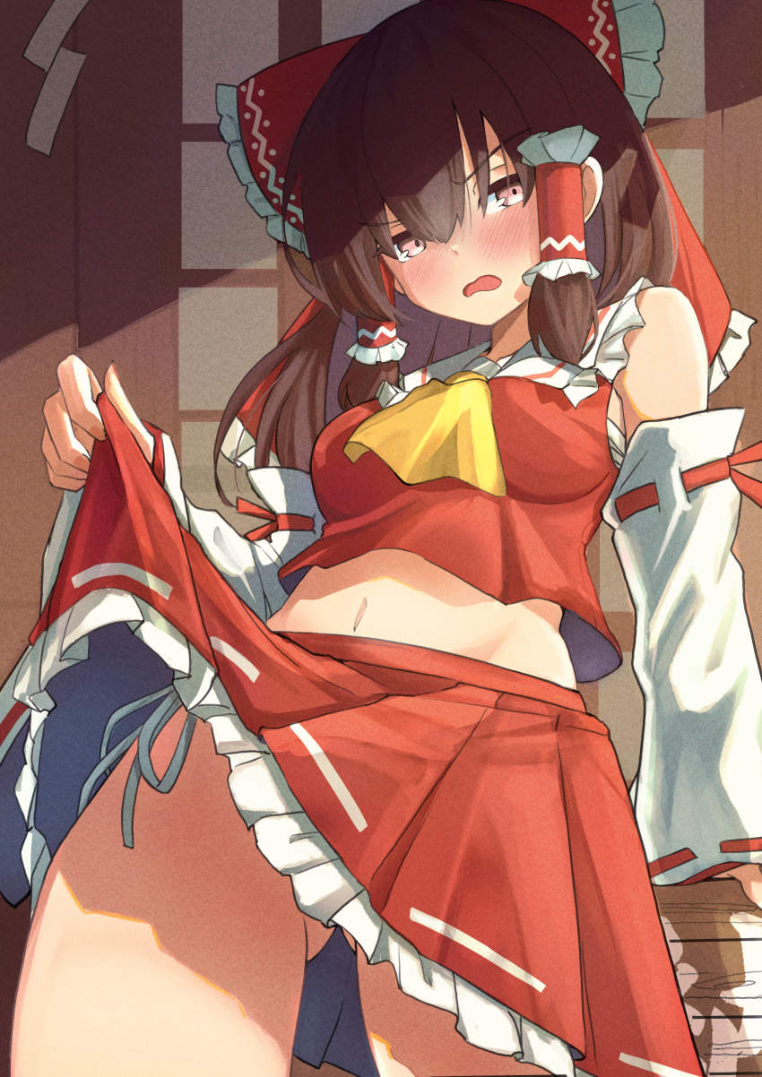 1girl absurdres ascot blush bow breasts brown_hair chest_sarashi clothes_lift commentary_request detached_sleeves embarrassed frilled_bow frilled_hair_tubes frills gluteal_fold hair_bow hair_tubes hakurei_reimu highres lifting_own_clothes long_hair looking_at_viewer midriff navel open_mouth panties pink_eyes red_bow red_skirt ribbon-trimmed_sleeves ribbon_trim sarashi side-tie_panties skirt skirt_set solo touhou underwear yellow_ascot yuuka_(a0240765)