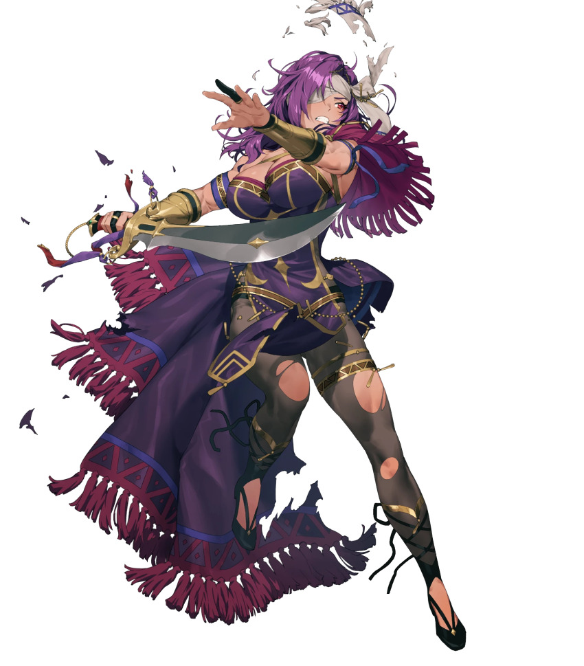 1girl breasts chyko cleavage clenched_teeth dark-skinned_female dark_skin eyepatch fire_emblem fire_emblem:_mystery_of_the_emblem fire_emblem_heroes headband highres holding holding_weapon jewelry long_hair malice_(fire_emblem) malice_(fire_emblem)_(jehanna) malice_(jehanna)_(fire_emblem) nintendo non-web_source official_alternate_costume official_art pants pantyhose purple_hair solo teeth tight_clothes tight_pants torn_clothes torn_pantyhose weapon