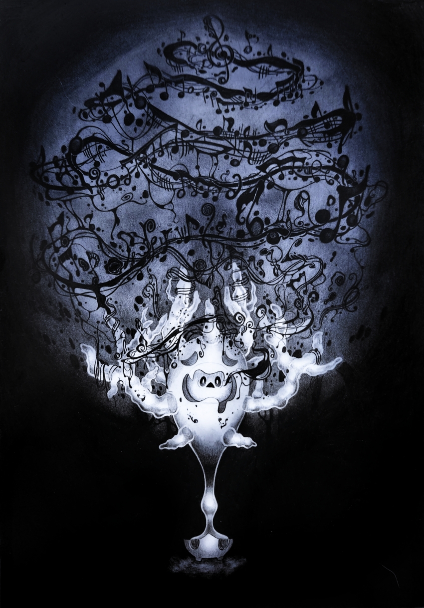 :&lt; absurdres aura bake_monochrome black_background bright_pupils cursola full_body gen_8_pokemon greyscale highres looking_at_viewer monochrome musical_note nintendo no_humans perish_song_(pokemon) pokemon pokemon_(creature) simple_background solo