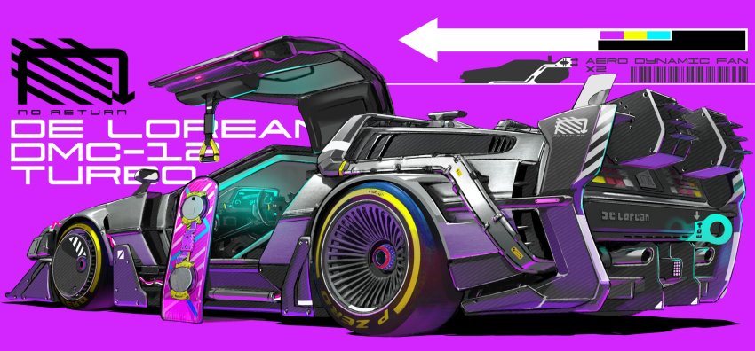 afukuro back_to_the_future barcode car delorean english_text gullwing_doors highres hoverboard logo magenta_background motor_vehicle no_humans original purple_background simple_background time_machine vehicle_focus