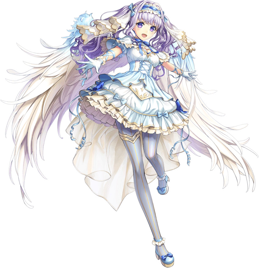 1girl artist_request blue_bow blue_dress blue_shoes bow breasts corta_(unitia) dress feathered_wings full_body game_cg gloves maid_headdress official_alternate_costume official_art open_mouth purple_eyes purple_hair shoes short_sleeves solo source_request transparent_background twintails unitia white_gloves wings