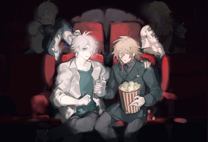 2boys antenna_hair black_coat black_pants black_shirt blonde_hair blue_eyes blue_shirt braid coat collarbone collared_shirt commentary cup dichlorvos food gradient_hair hair_between_eyes hand_on_another&#039;s_shoulder highres holding holding_cup honkai:_star_rail honkai_(series) lapels looking_at_viewer medium_hair movie_theater multicolored_hair multiple_boys mydei_(chrysos_chef)_(honkai:_star_rail) mydei_(honkai:_star_rail) official_alternate_costume open_clothes open_shirt pants phainon_(chrysos_chef)_(honkai:_star_rail) phainon_(honkai:_star_rail) popcorn red_hair shirt short_hair side_braid sitting sleeves_rolled_up spotlight turtleneck white_hair white_shirt yellow_eyes
