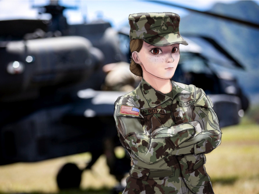 1girl ah-64_apache aircraft american_flag attack_helicopter brown_eyes brown_hair camouflage camouflage_headwear camouflage_jacket crossed_arms field_cap freckles hair_bun hat helicopter highres insignia jacket mg_g military military_hat military_rank_insignia military_uniform military_vehicle name_tag original outdoors patch shoulder_patch united_states_army