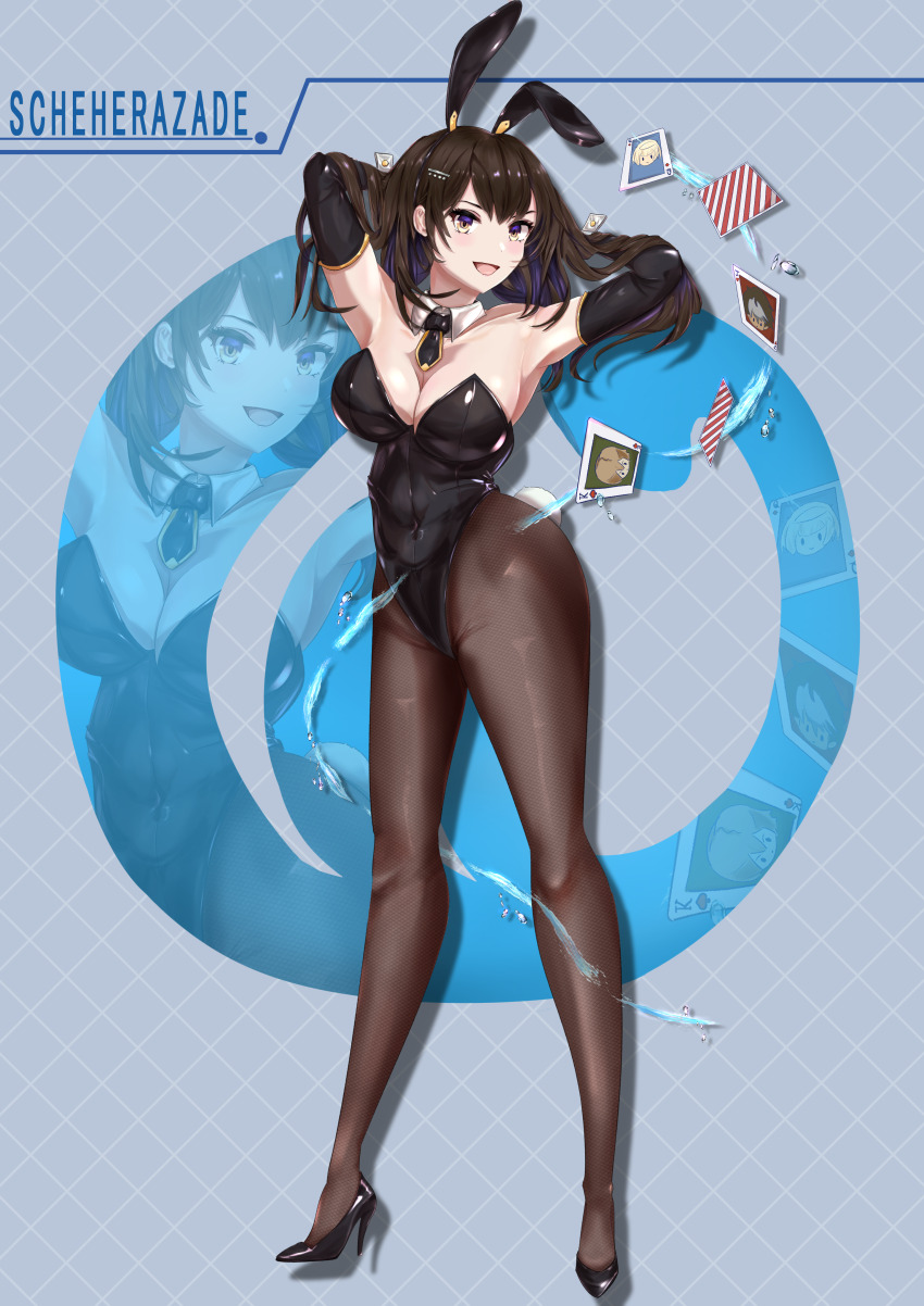 1girl 3boys absurdres animal_ears armpits arms_behind_head black_footwear black_gloves black_necktie breasts brown_dust_(series) brown_dust_2 brown_eyes brown_hair brown_pantyhose card character_name chibi chunfai1996 cleavage collar covered_navel elbow_gloves fake_animal_ears full_body gameplay_mechanics gloves gray_(brown_dust) groin hand_in_own_hair high_heels highres hydrokinesis justia_(brown_dust) large_breasts lathel_(brown_dust) leotard long_hair multiple_boys multiple_views necktie pantyhose playboy_bunny playing_card rabbit_ears scheherazade_(brown_dust) shadow simple_background stiletto_heels water white_collar