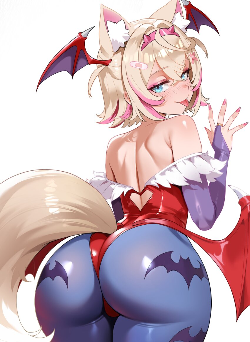 1girl 2025 absurdres against_wall animal_ear_fluff animal_ears animal_print arched_back arms_up ass ass_focus back backless_leotard bat_print bat_wings blonde_hair blue_eyes blue_pantyhose blush breasts bridal_gauntlets capcom cleavage clothing_cutout collarbone colored_inner_hair commentary cosplay cowboy_shot darkstalkers demon_girl diamond_cutout dog_ears dog_girl dog_tail english_commentary eyebrows_hidden_by_hair eyeshadow female_focus flat_chest from_behind fur-trimmed_leotard fur_trim hair_intakes hair_ornament hairband hairclip half-closed_eyes halloween halloween_costume head_wings heart_cutout highleg highleg_leotard highres hololive hololive_english huge_ass idolmia large_breasts leaning_forward legs_together leotard lilith_(darkstalkers) lilith_(darkstalkers)_(cosplay) looking_at_viewer looking_back low_wings makeup medium_hair mococo_abyssgard multicolored_hair pantyhose pink_eyeshadow pink_hair pink_nails purple_hair red_leotard seductive_smile short_hair shoulder_blades simple_background smile solo spread_fingers standing tail thick_thighs thighs tongue tongue_out virtual_youtuber wedgie white_background wings