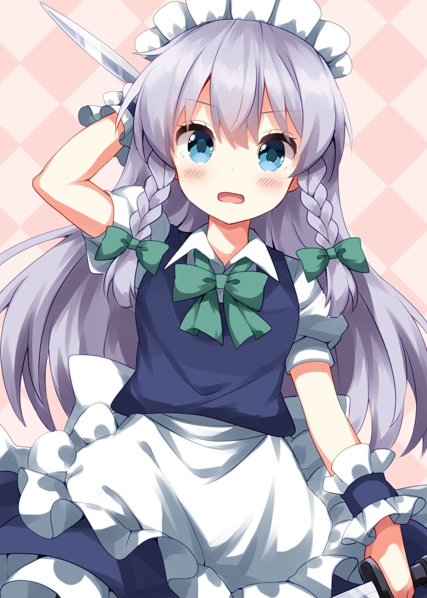 1girl alternate_hair_length alternate_hairstyle apron arm_up blue_dress blue_eyes blush bow bowtie braid checkered_background collared_shirt commentary cowboy_shot dress frilled_apron frilled_dress frills green_bow green_bowtie grey_hair hair_bow highres holding holding_knife izayoi_sakuya knife looking_at_viewer maid maid_headdress open_mouth pink_background ruu_(tksymkw) shirt short_sleeves solo touhou twin_braids waist_apron white_apron white_shirt wrist_cuffs