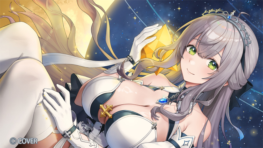 1girl ahoge bow breasts cleavage cleavage_cutout closed_mouth clothing_cutout commentary_request copyright_name crescent detached_sleeves double-parted_bangs dress dutch_angle frilled_dress frills gloves green_eyes grey_hair hair_between_eyes hair_bow half_updo halter_dress halterneck hand_up highres hololive large_breasts long_hair looking_at_viewer mole mole_on_breast moon noixen official_alternate_costume official_alternate_hair_length official_alternate_hairstyle official_art shirogane_noel shirogane_noel_(princess_knight) sidelocks sitting smile solo star_(sky) strapless strapless_dress thighhighs tiara virtual_youtuber white_dress white_gloves white_thighhighs wide_sleeves