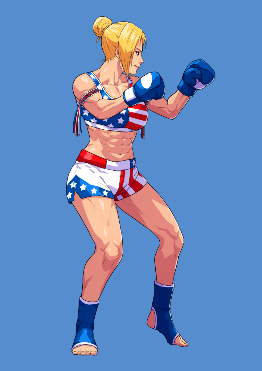1girl abs absurdres american_flag american_flag_bra american_flag_print american_flag_shorts armband blonde_hair blue_background blue_eyes boxer boxers boxing_gloves bra cirenk collarbone commission elizabeth_(rairyu) feet fighting_stance flag_print hair_bun highres looking_to_the_side male_underwear midriff muscular muscular_female original ponytail shiny_skin shorts simple_background smile solo sports_bra standing standing_on_one_leg thighs toeless_legwear toes underwear
