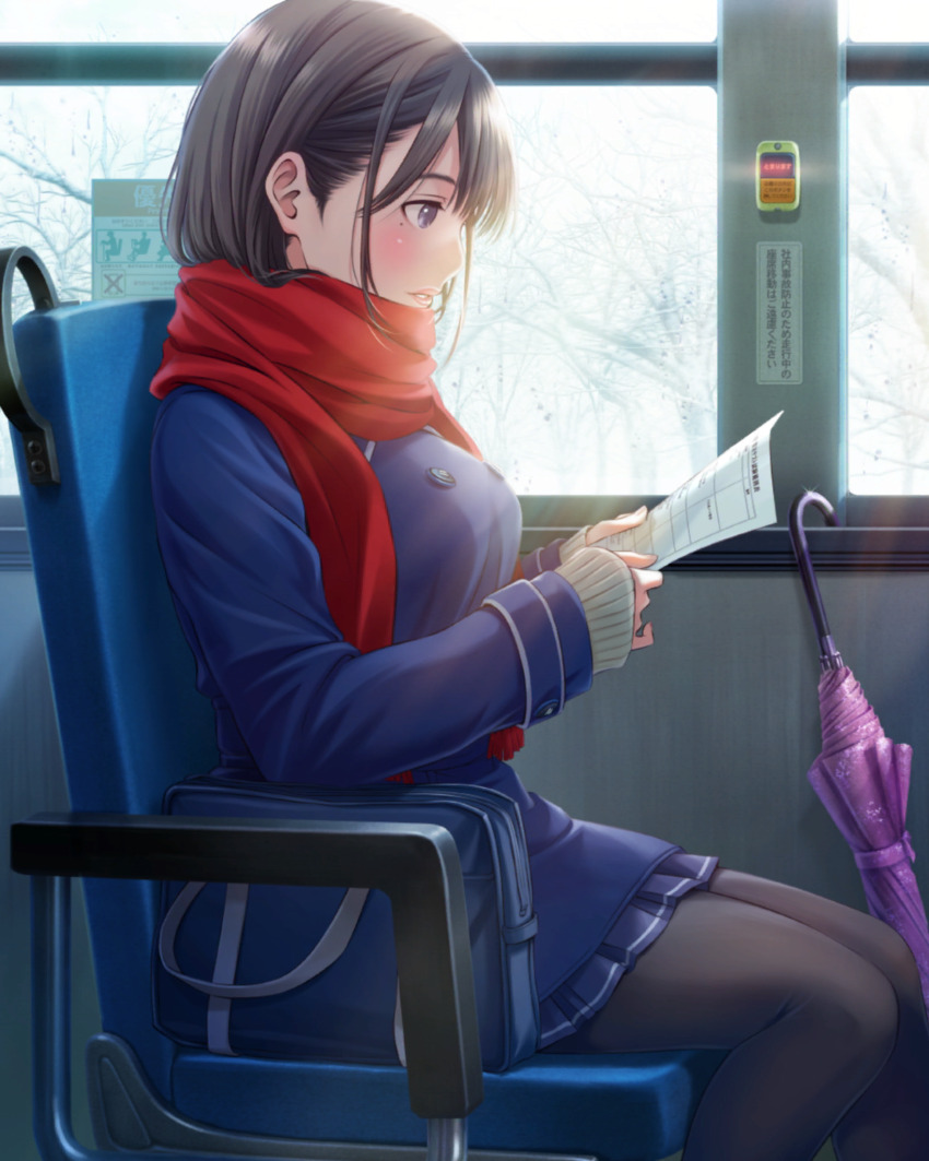 1girl anegasaki_nene bag bare_tree black_pantyhose blue_coat blue_skirt blush breasts brown_cardigan brown_hair bus bus_interior cardigan closed_umbrella coat cowboy_shot enpera from_side hands_up highres holding holding_paper indoors long_sleeves looking_at_object love_plus mole mole_under_eye motor_vehicle official_art pantyhose paper parted_lips pleated_skirt profile purple_eyes purple_umbrella push-button red_scarf scarf school_bag school_uniform sitting skirt solo sunlight tree umbrella window winter