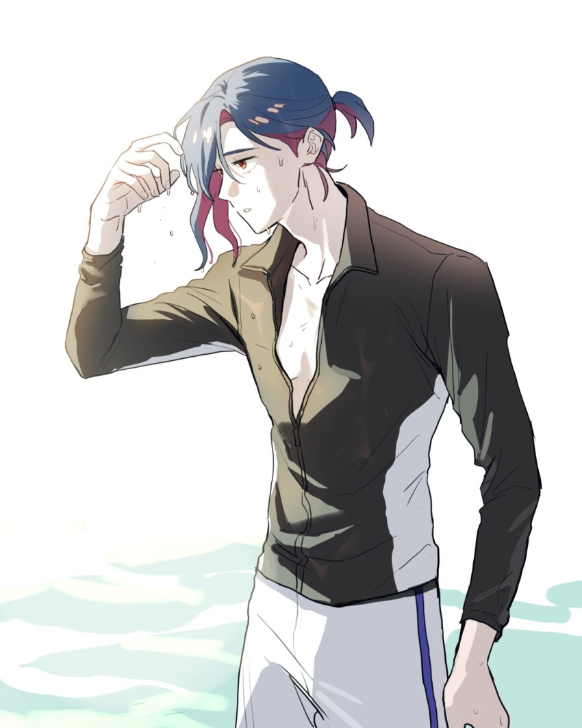 1boy black_shirt blue_hair colored_inner_hair commentary_request cowboy_shot gundam gundam_gquuuuuux highres korean_commentary male_focus multicolored_hair otakulifewow partially_unzipped ponytail purple_hair red_eyes shirt short_hair shuji_ito solo two-tone_hair wet