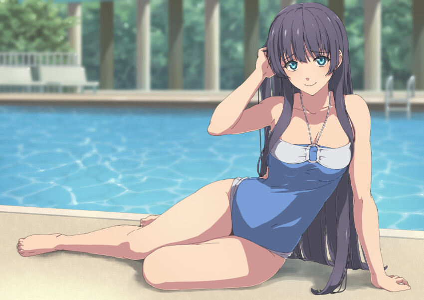 1girl bare_arms bare_legs barefoot black_hair blue_eyes blue_one-piece_swimsuit blurry blurry_background breasts casual_one-piece_swimsuit chiharu_(9654784) closed_mouth collarbone covered_navel eiyuu_densetsu elise_schwarzer full_body halterneck hand_in_own_hair highres long_hair looking_at_viewer official_alternate_costume one-piece_swimsuit poolside sen_no_kiseki_(series) sen_no_kiseki_i sitting small_breasts smile solo straight_hair swimsuit very_long_hair yokozuwari