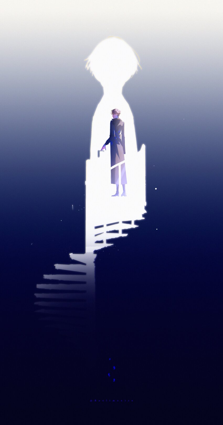 1boy absurdres black_coat black_hair boots coat commentary doorknob english_commentary full_body glowing highres kim_dokja male_focus omniscient_reader&#039;s_viewpoint open_clothes open_coat opening_door roellm short_hair spiral_staircase stairs standing superimposition yoo_joonghyuk