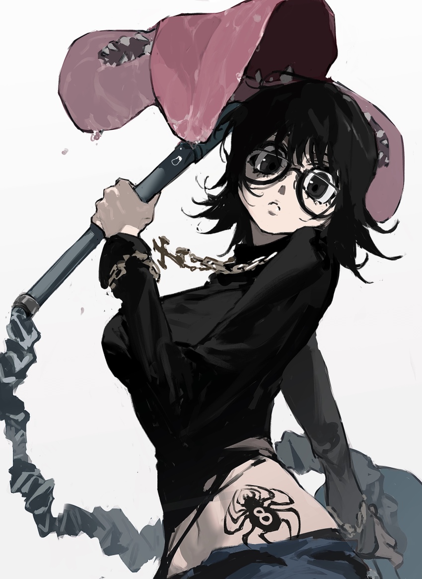 1girl absurdres black_hair black_shirt closed_mouth glasses grey_eyes highres holding hunter_x_hunter long_sleeves looking_at_viewer ma0ma0_0 navel shirt shizuku_murasaki simple_background solo stomach_tattoo tattoo white_background