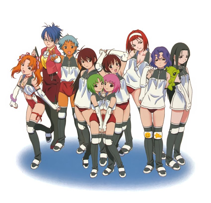 6+girls arms_up black_hair blue_hair breasts buruma cheek-to-cheek choker cleavage court_no_naka_no_tenshi-tachi dark-skinned_female dark_skin expressionless green_hair grey_hair hair_ribbon hairband heads_together highres knee_pads long_hair looking_at_viewer midriff mole mole_under_mouth multiple_girls necktie non-web_source official_art open_mouth orange_hair outstretched_arm over-kneehighs pink_hair rectangular_eyewear red_buruma red_choker red_hair ribbon shirt short_hair shy simple_background smile sportswear standing thighhighs tied_shirt twintails updo v volleyball_uniform watanabe_akio white_background