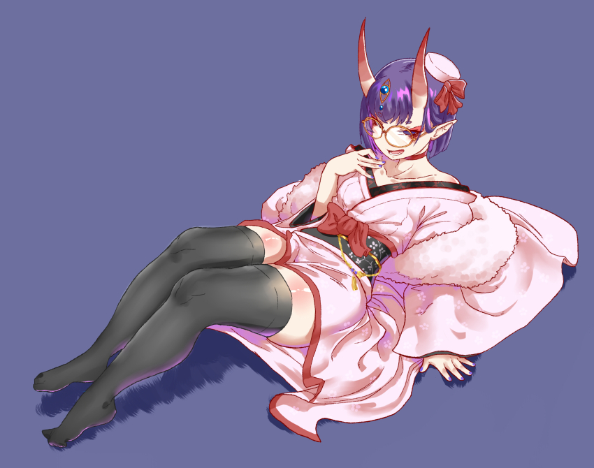 1girl bespectacled black_thighhighs bob_cut breasts coat collarbone commentary eyeliner fate/grand_order fate_(series) full_body fur-trimmed_coat fur_trim glasses hair_behind_ear headpiece hectaryecgaa highres horns japanese_clothes kimono makeup obi open_mouth pink_kimono pointy_ears purple_eyes purple_hair purple_nails red_eyeliner round_eyewear sash shiny_skin short_eyebrows short_kimono shuten_douji_(fate) sitting skin-covered_horns small_breasts smile solo thick_thighs thighhighs thighs