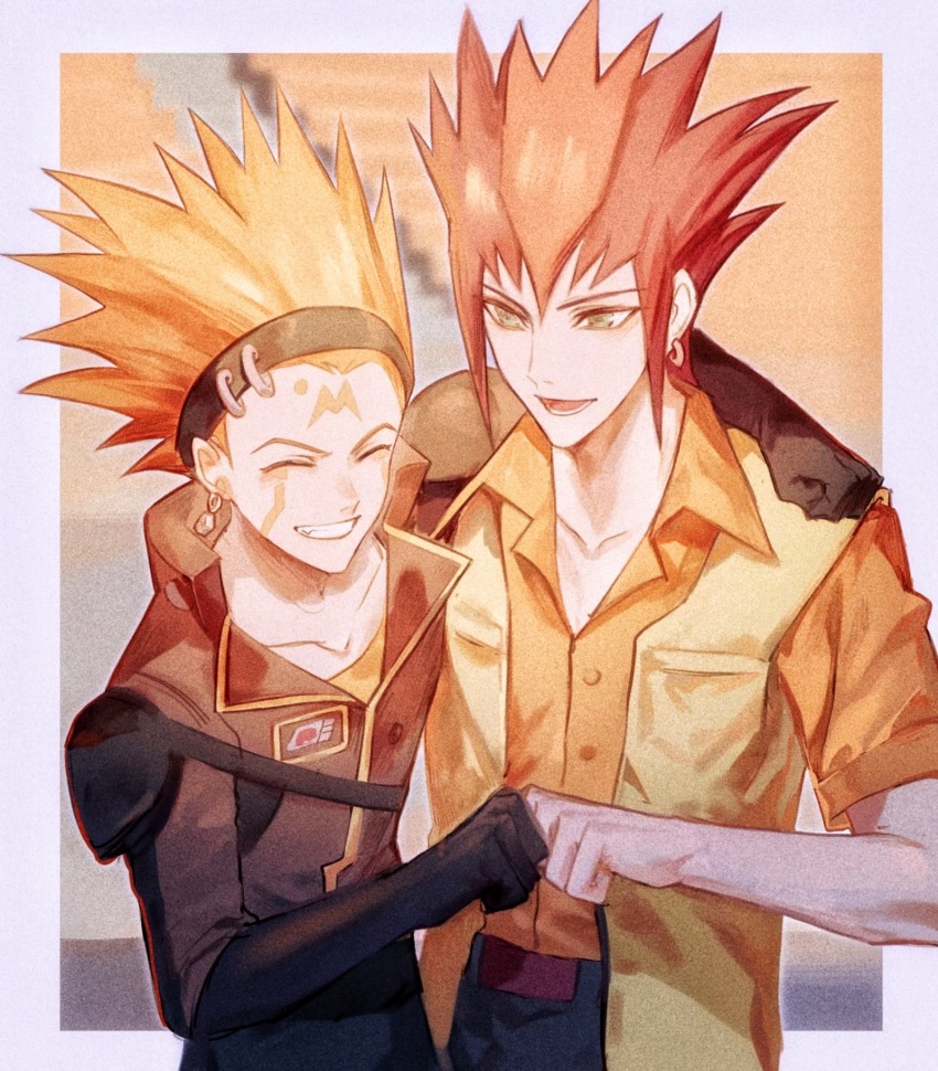 2boys arm_around_shoulder bad_id bad_lofter_id belt black_gloves black_headband black_jacket blue_pants blurry blurry_background brave_(yu-gi-oh!) clenched_hands closed_eyes collared_shirt crow_hogan earrings facial_mark facial_tattoo fist_bump floating_earring gloves green_eyes grin happy headband high_collar highres hoop_earrings jacket jewelry looking_at_another male_focus multiple_boys naoki_(2rzmcaizerails6) nut_(hardware) official_alternate_costume open_mouth orange_hair orange_shirt outdoors pants red_hair shirt sidelocks smile spiked_hair tattoo twilight upper_body vest yellow_shirt yellow_vest yu-gi-oh! yu-gi-oh!_5d&#039;s