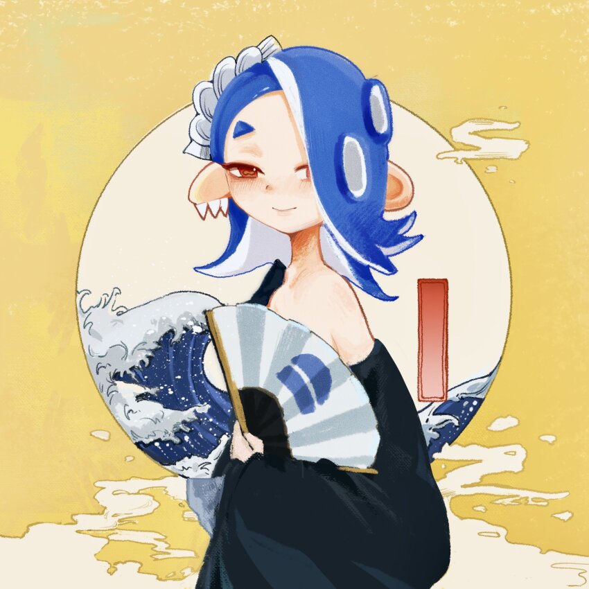 1girl alternate_costume blue_hair ear_piercing fine_art_parody folding_fan from_side hachimaki hair_over_one_eye hand_fan headband highres holding holding_fan kanagawa_okinami_ura looking_at_viewer looking_to_the_side nintendo octoling off_shoulder paper_fan parody piercing pointy_ears red_eyes shiver_(splatoon) smile solo splatoon_(series) splatoon_3 tentacle_hair upper_body yellow_background yuyumo296809