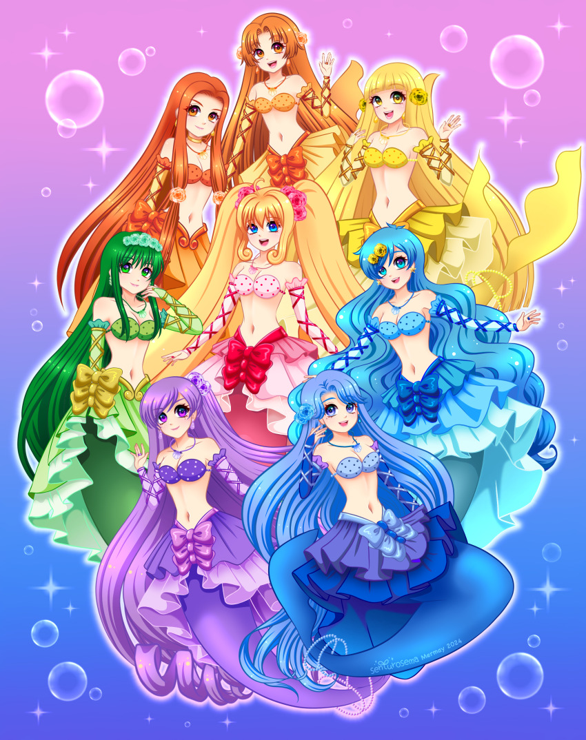 absurdres artist_name bikini bikini_top_only blonde_hair blue_bikini blue_bow blue_eyes blue_hair blue_skirt blush bow breasts bubble caren_(mermaid_melody_pichi_pichi_pitch) cleavage closed_mouth coco_(mermaid)_(mermaid_melody_pichi_pichi_pitch) coco_(mermaid_melody_pichi_pichi_pitch) collarbone detached_sleeves dress earrings fins fish_tail flower green_bikini green_bow green_eyes green_hair green_skirt hair_flower hair_ornament highres houshou_hanon houshou_hanon_(mermaid) ibispaint_(medium) jewelry large_breasts long_hair magical_girl mermaid mermaid_melody_pichi_pichi_pitch midriff monster_girl nanami_lucia nanami_lucia_(mermaid) navel necklace noel_(mermaid_melody_pichi_pichi_pitch) open_mouth orange_bikini orange_bow orange_eyes orange_hair orange_skirt pink_bikini pink_skirt polka_dot polka_dot_bikini purple_bikini purple_bow purple_eyes purple_hair purple_skirt red_bow sara_(mermaid_melody_pichi_pichi_pitch) seashell seira_(mermaid_melody_pichi_pichi_pitch) senturosema shell shell_necklace simple_background skirt smile swimsuit tail teeth touin_rina touin_rina_(mermaid) twintails upper_teeth_only wavy_hair yellow_bikini yellow_bow yellow_eyes yellow_skirt