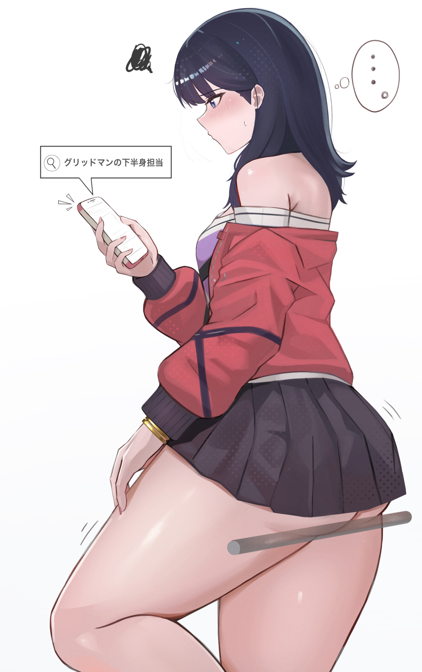 ... 1girl absurdres ass bare_shoulders black_hair black_skirt blue_eyes blush cellphone commentary_request gridman_universe highres holding holding_phone jacket long_hair long_sleeves phone pleated_skirt purple_shirt red_jacket shee-p_(inemurisheep113) shirt simple_background skirt smartphone solo speech_bubble spoken_squiggle squiggle ssss.gridman standing strapless strapless_shirt takarada_rikka thick_thighs thighs thought_bubble white_background