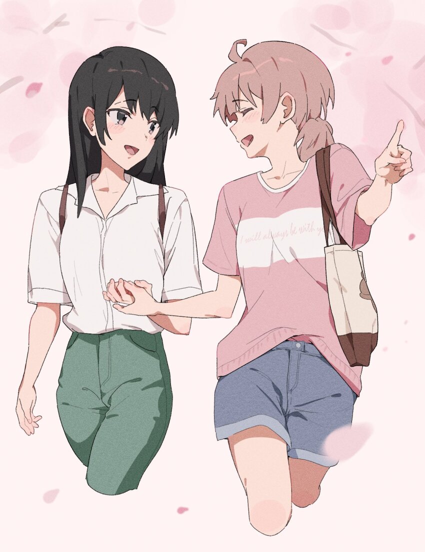 2girls :d ahoge bag black_hair blue_shorts blush cherry_blossoms closed_eyes clothes_writing collared_shirt commentary cropped_legs denim denim_shorts dress_shirt falling_petals green_pants hand_up highres holding_hands koito_yuu lie_lack1080 long_hair looking_at_another multiple_girls nanami_touko open_mouth pants petals pink_background pink_eyes pink_hair pink_petals pink_shirt pointing print_shirt profile shirt shirt_tucked_in short_hair short_sleeves shorts shoulder_bag smile standing symbol-only_commentary walking white_shirt yagate_kimi_ni_naru yuri