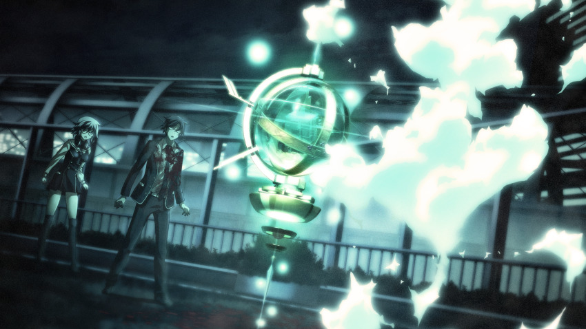1boy 1girl :o belt black_necktie black_pants blood blood_on_clothes blood_splatter blue_hair breasts buttons chaos;child double-breasted dress_vest evaporation floating game_cg glasses glowing headphones headphones_around_neck hekiho_academy hekiho_academy_school_uniform highres kazuki_hana kneehighs leather_belt long_hair long_sleeves medium_breasts miniskirt miyashiro_takuru necktie official_art opaque_glasses open_mouth orb pants purple_eyes rooftop sailor_collar sailor_shirt sasaki_mutsumi school_emblem shirt short_hair short_necktie skirt socks thick_thighs thighs vest wavy_hair white_belt white_sailor_collar white_sleeves