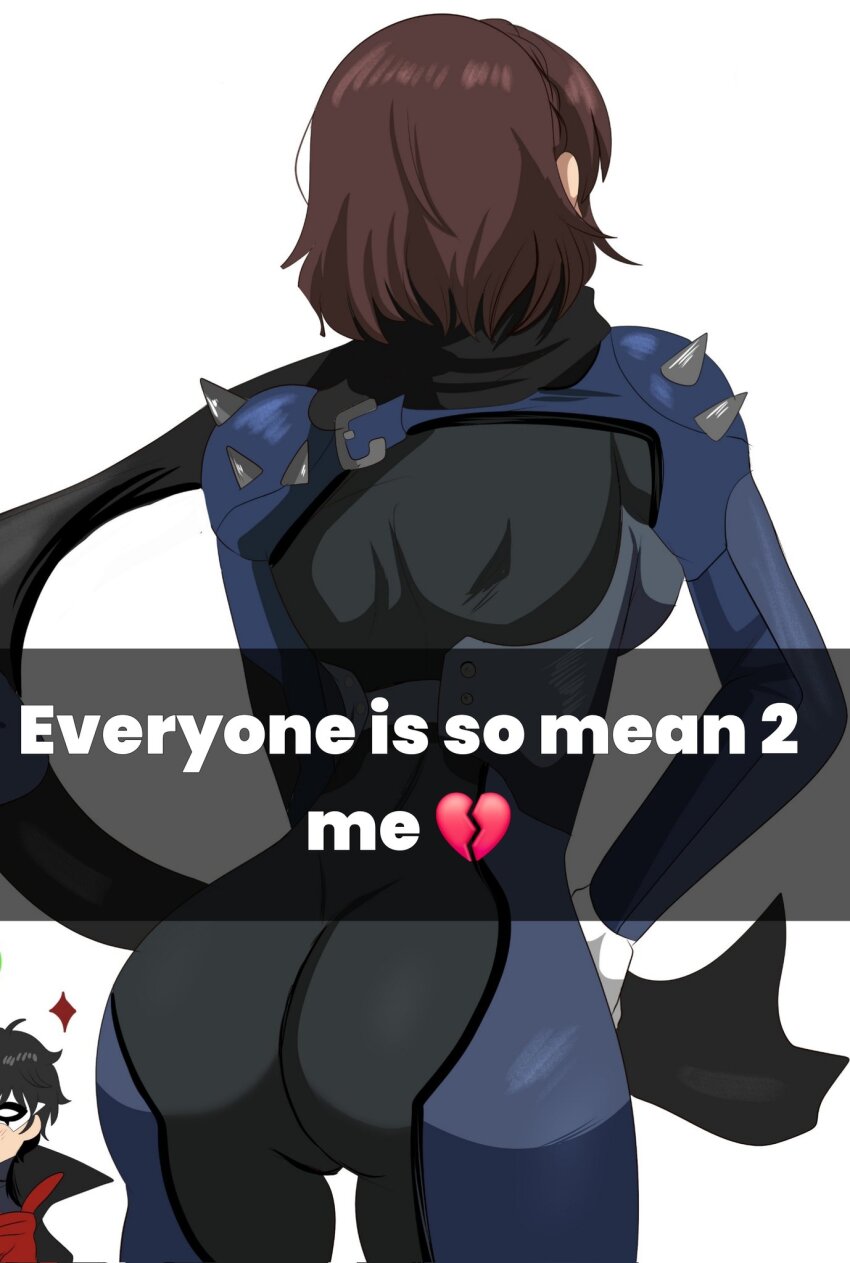 1boy 1girl amamiya_ren ass biker_clothes bikesuit black_coat black_hair black_scarf blue_bodysuit bodysuit braid breasts brown_hair coat crown_braid domino_mask eye_mask from_behind gloves highres joker_(persona_5) karbuitt long_scarf mask niijima_makoto persona persona_5 queen_(persona_5) red_gloves scarf short_hair shoulder_spikes spikes steel_mask white_mask