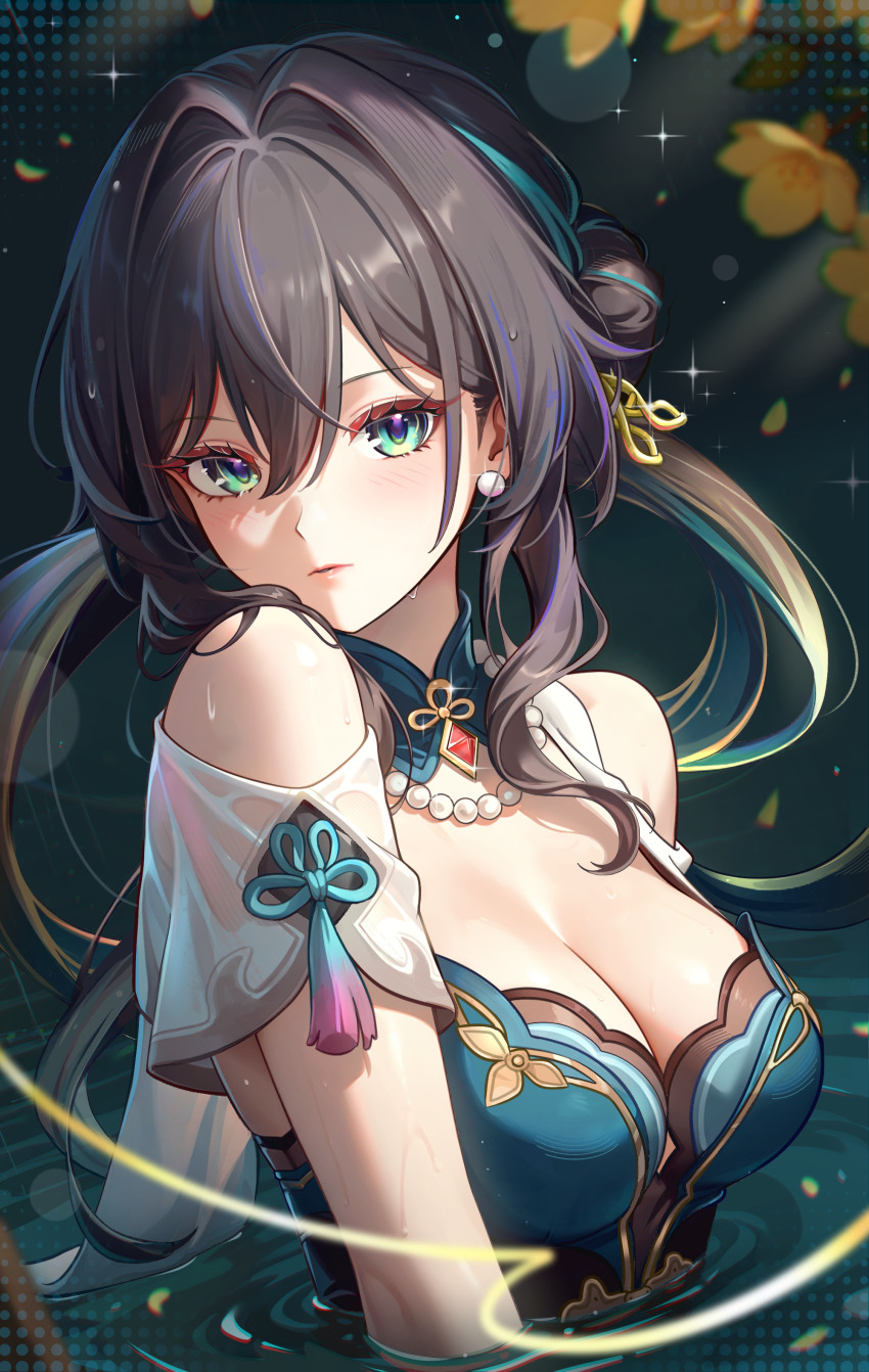 1girl absurdres aqua_dress aviary bare_shoulders breasts brown_hair cleavage closed_mouth clothing_cutout commentary diamond_(shape) dress gem green_eyes hair_between_eyes hair_bun hair_intakes highres honkai:_star_rail honkai_(series) large_breasts long_hair looking_at_viewer md5_mismatch partially_submerged red_gemstone revision ruan_mei_(honkai:_star_rail) shoulder_cutout single_hair_bun single_side_bun solo upper_body wet