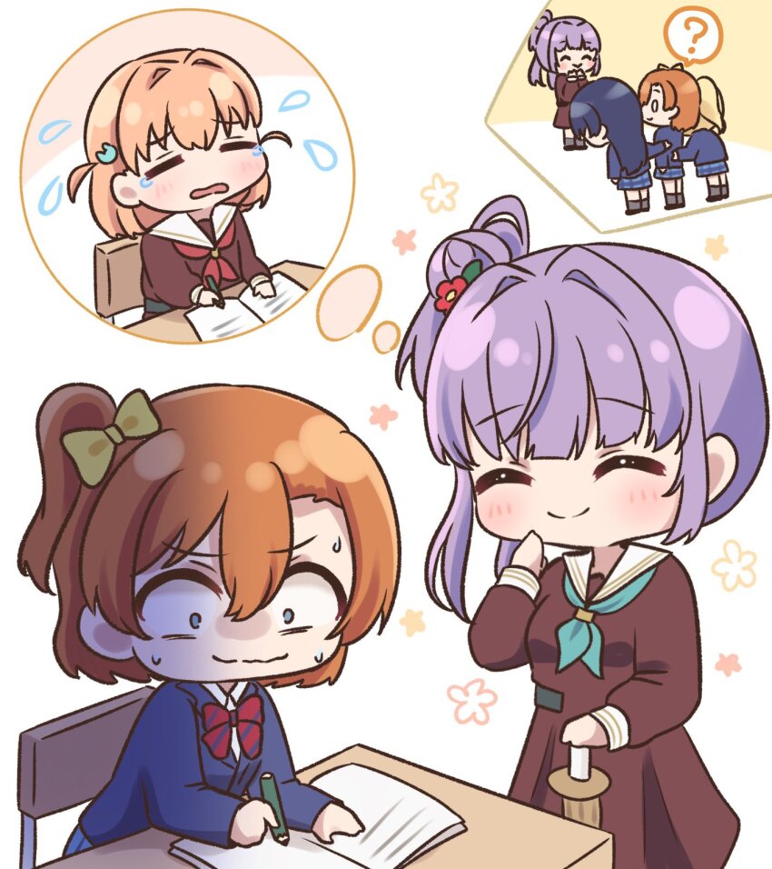 0_0 5girls ? ^_^ aqua_neckerchief ayase_eli blazer blonde_hair blue_hair blue_jacket blue_skirt blush bow bowtie brown_dress chair closed_eyes collared_shirt commentary constricted_pupils deformed desk diagonal-striped_bow diagonal-striped_bowtie diagonal-striped_clothes dress dress_shirt flower flower_symbol grey_socks hair_bow hair_bun hair_flower hair_intakes hair_ornament hasu_no_sora_school_uniform highres hinoshita_kaho holding holding_pencil holding_sword holding_weapon in-franchise_crossover jacket kosaka_honoka link!_like!_love_live! long_hair long_sleeves love_live! love_live!_school_idol_project medium_dress medium_hair miniskirt multiple_girls neckerchief on_chair one_side_up orange_hair otomune_kozue otonokizaka_school_uniform pencil plaid_clothes plaid_skirt pleated_dress pleated_skirt ponytail purple_hair rabbit_hair_ornament red_bow red_bowtie red_flower red_neckerchief ritaso sailor_collar sailor_dress school_chair school_desk school_uniform shinai shirt side_ponytail sidelocks simple_background single_side_bun sitting skirt socks sonoda_umi speech_bubble spoken_character spoken_question_mark standing striped_clothes studying sword thought_bubble trait_connection tutor two_side_up v-shaped_eyebrows virtual_youtuber weapon white_background white_sailor_collar white_shirt winter_uniform wooden_pencil yellow_bow