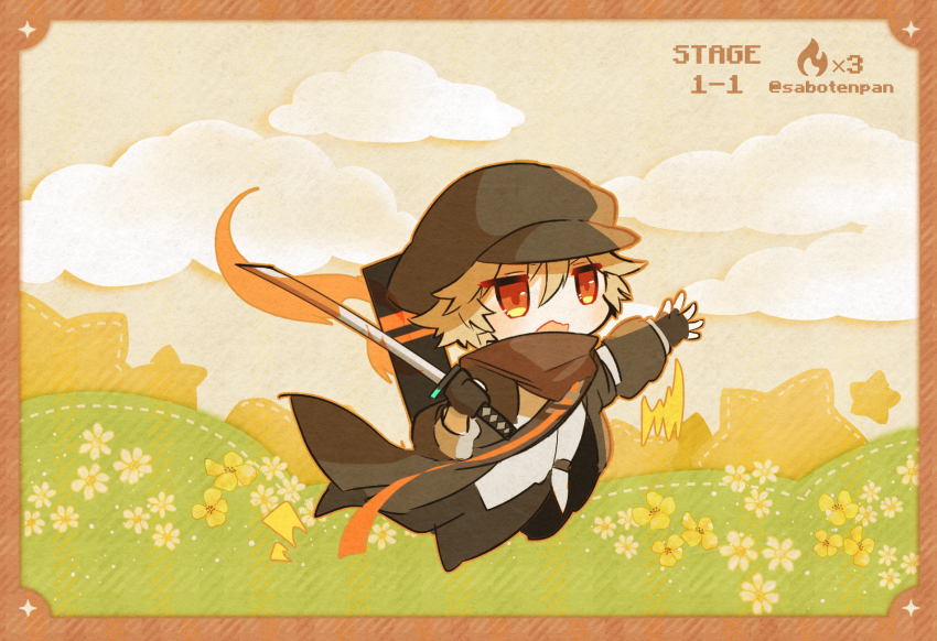 1boy arknights bandana black_gloves black_hat black_jacket black_pants black_shoes border brown_border newsboy_cap chibi fingerless_gloves flower full_body gloves hair_between_eyes hat highres holding holding_sword holding_weapon jacket katana light_brown_hair long_sleeves male_focus oonohara_kenya open_clothes open_jacket open_mouth pants puffy_long_sleeves puffy_sleeves red_(npc)_(arknights) red_eyes running shirt shoes solo star_(symbol) star_symbol_background sword tripping weapon white_flower white_shirt yellow_flower
