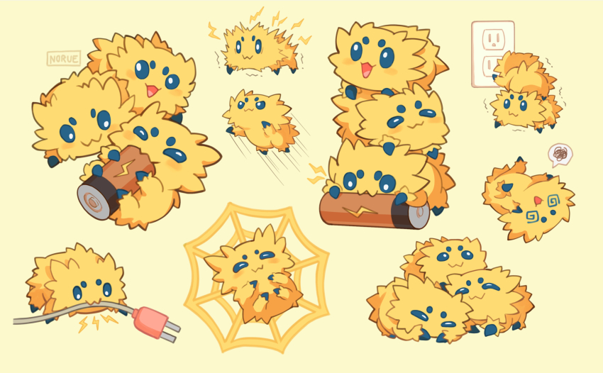 :3 @_@ battery blue_eyes bright_pupils cable closed_mouth commentary electrical_outlet electricity gen_5_pokemon highres holding joltik motion_lines mouth_hold nintendo norue plug pokemon pokemon_(creature) silk smile spider_web spoken_squiggle squiggle trembling white_pupils yellow_fur