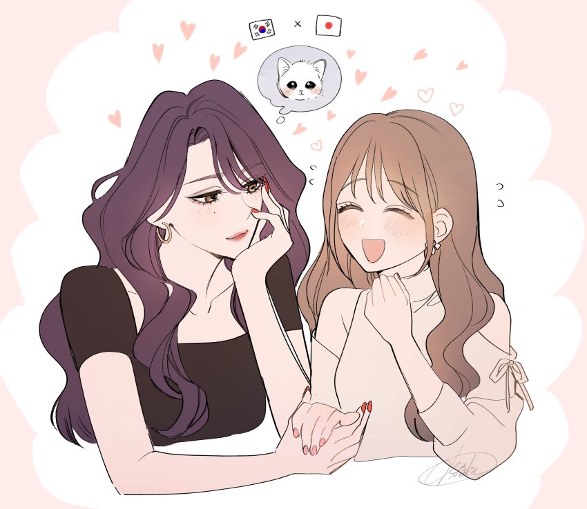 2girls absurdres black_hair blush brown_eyes brown_hair cat closed_eyes closed_mouth commentary earrings female_focus happy heart heart highres holding_hands japan-korea_yuri_(meme) japanese_flag jewelry lipstick looking_at_viewer makeup multiple_girls nail_polish oguanf open_mouth pink_nails red_nails south_korean_flag symbol-only_commentary