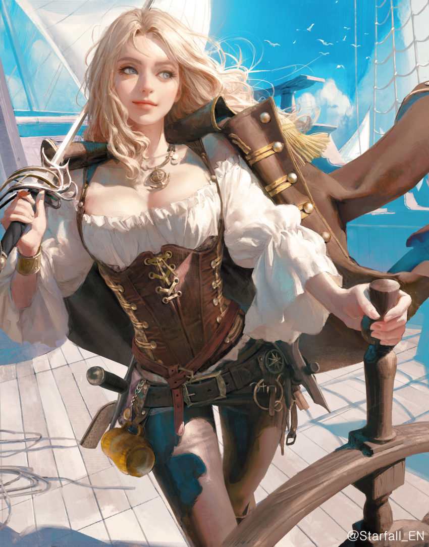 1girl anchor_symbol belt bird blonde_hair blue_sky blurry blurry_background bracelet breasts brown_belt brown_corset brown_jacket brown_pants cleavage collarbone commentary corset cowboy_shot english_commentary eyeshadow freya:_the_starfall freya_lawrence_(freya:_the_starfall) highres holding holding_steering_wheel holding_sword holding_weapon jacket jacket_on_shoulders jewelry long_hair long_sleeves looking_to_the_side makeup medium_breasts necklace outdoors over_shoulder pants puffy_long_sleeves puffy_sleeves sangsoo_jeong ship ship&#039;s_wheel shirt sky solo sword sword_over_shoulder too_many too_many_birds twitter_username watercraft weapon weapon_over_shoulder white_shirt wooden_floor