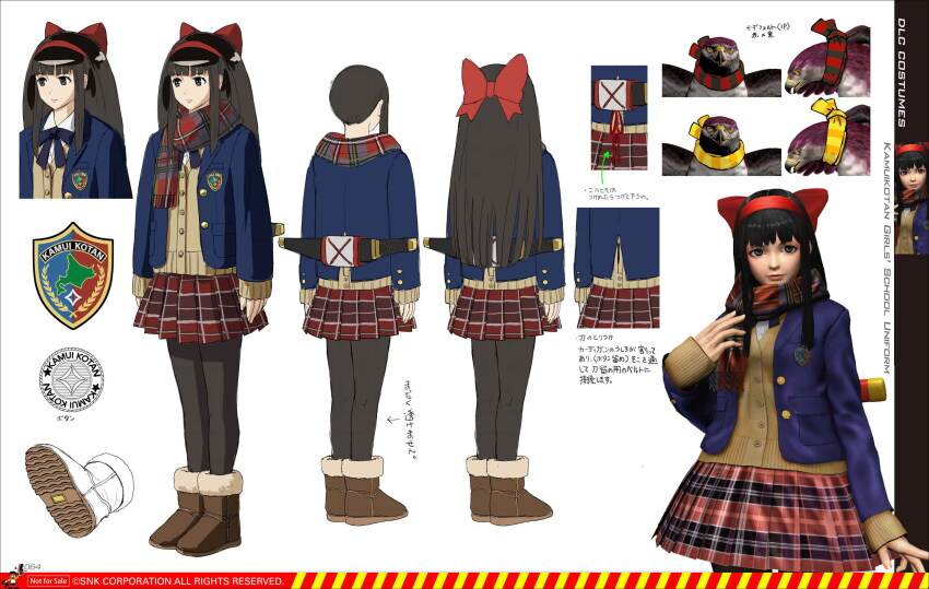 1girl alternate_costume ass black_hair boots breasts concept_art expressionless grey_eyes hand_on_own_chest highres japanese_text looking_at_viewer mamahaha multiple_views nakoruru official_alternate_costume official_art ogura_eisuke pantyhose pink_lips samurai_spirits scarf school_uniform skirt small_breasts smile snk the_king_of_fighters the_king_of_fighters_xiv translation_request weapon