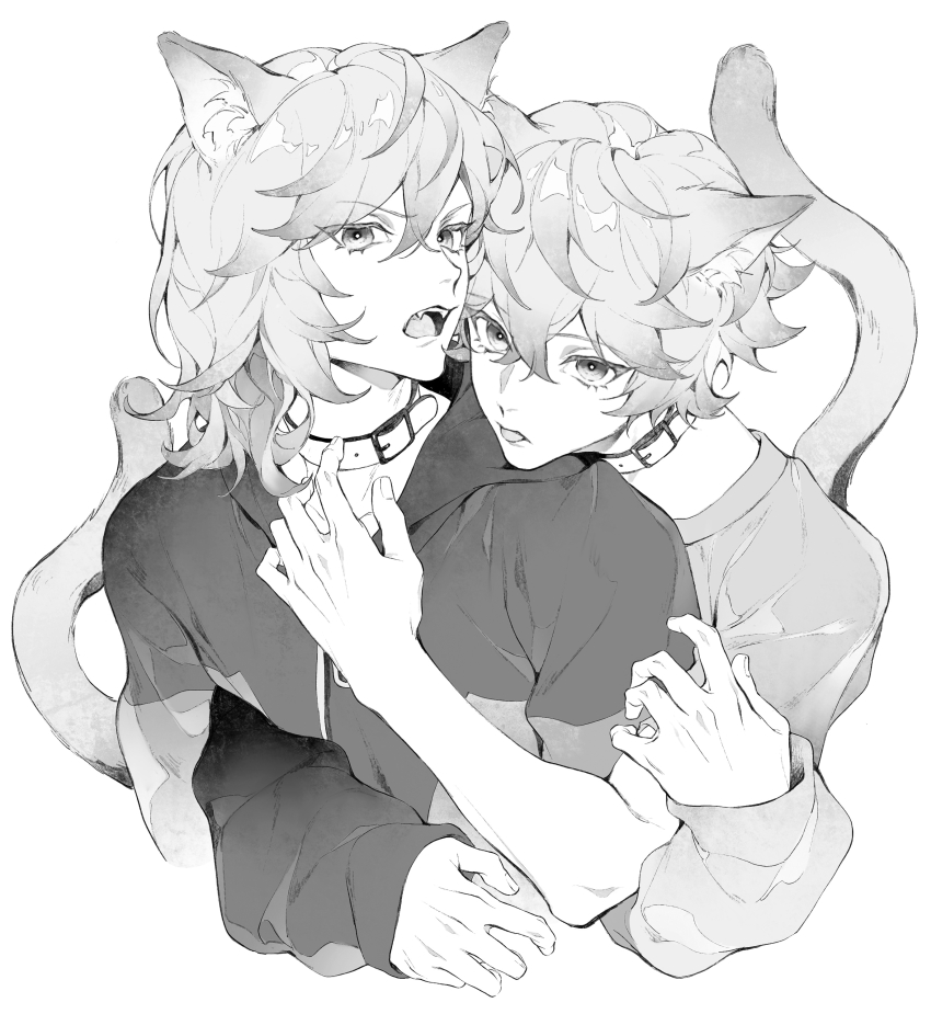 2boys absurdres animal_ears cat_boy cat_ears cat_tail commentary_request cozmez_(paradox_live) cropped_torso greyscale highres hood hood_down hoodie hug hug_from_behind leather_collar looking_at_viewer male_focus medium_hair monochrome multiple_boys open_mouth paradox_live sei_(_mo1008) short_hair simple_background sweater tail teeth tongue tongue_out upper_body yaoi yatonokami_kanata yatonokami_nayuta