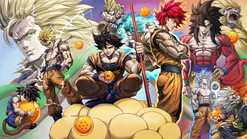 6+boys abs absurdres aura bag baggy_pants bare_pectorals black_hair blonde_hair blue_eyes blue_hair blue_sash body_hair boots clenched_hands closed_eyes closed_mouth collarbone crossed_arms dated dragon_ball dragon_ball_(object) dragon_ball_gt dragon_ball_super dragonball_z fanfic fighting fighting_stance flying flying_nimbus golden_oozaru green_eyes grin hair_between_eyes highres holding holding_bag holding_polearm holding_weapon large_pectorals long_hair looking_at_viewer multiple_boys muscular muscular_male one_eye_closed oozaru pants pectorals polearm qingyun_zhizhe red_eyes red_hair ruyi_jingu_bang sash sharp_teeth sitting sleeveless smile son_goku spacecraft spiked_hair standing super_saiyan super_saiyan_2 super_saiyan_3 super_saiyan_4 super_saiyan_blue super_saiyan_god tail teeth torn_clothes ultra_instinct weapon white_eyes white_hair yellow_eyes