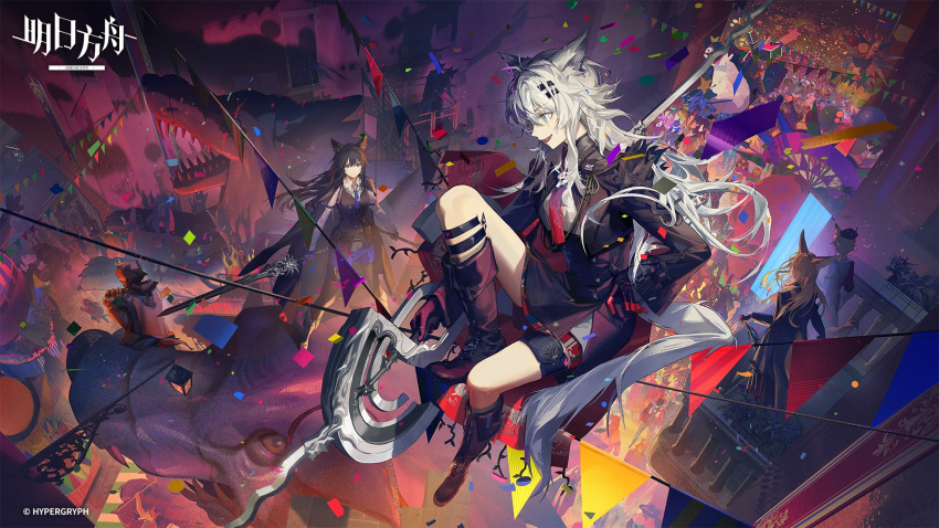1boy 3girls animal_ears arknights bird black_hair blonde_hair coat emperor_(arknights) figurino_(arknights) flag gloves grey_hair hair_ornament hat highres holding holding_sword holding_weapon lappland_(arknights) lappland_the_decadenza_(arknights) long_hair multiple_girls necktie official_art penguin sunglasses sword tail texas_(arknights) texas_the_omertosa_(arknights) vulpisfoglia_(arknights) weapon