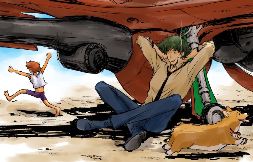 1boy 1girl androgynous barefoot closed_eyes collar cowboy_bebop dark-skinned_female dark_skin dog edward_wong_hau_pepelu_tivrusky_iv ein_(cowboy_bebop) green_hair highres orange_hair smoking spike_spiegel swordfish_ii