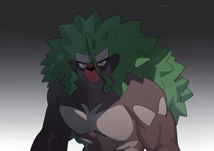 bright_pupils commentary_request fangs gen_8_pokemon gradient_background grey_background highres looking_at_viewer nintendo open_mouth orange_eyes pokemon pokemon_(creature) rillaboom solo suikaels upper_body white_pupils